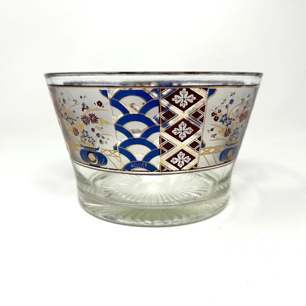Culver MCM Glass Ice Bucket/Bowl Japanese Design Gold Gild 60's Signed Beautiful